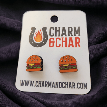 Hamburger Wood Stud Earrings - Food Fashion Earring - Stud Earring - Charm and Char